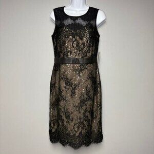 NWT Mikael Aghal Gold Sequin Black Lace Formal Mini Dress Sz 8